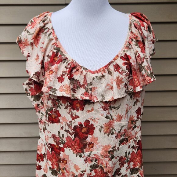 Cato Plus Multicolor Floral Print Dress Cream Red Flounce Hem Crepe Ruffle - Picture 4 of 16